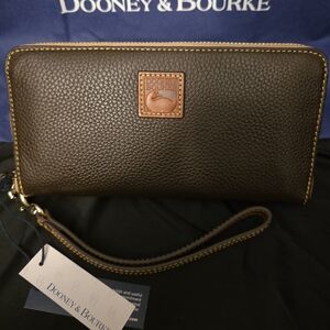 Dooney & Bourke Dark Brown Tmoro Pebbled Leather Wristlet with Tan Trim